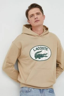 Ανδρικά Χωρίς φερμουάρ Βαμβακερή μπλούζα Lacoste μπεζ, με κουκούλα